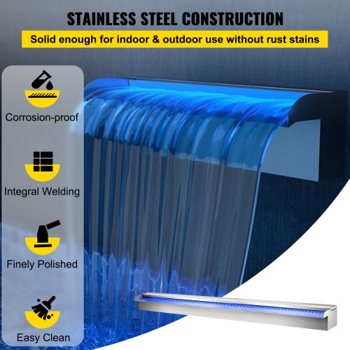 VEVOR Schwimmbad-Wasserfall-Überlaufrinne 151 x 11,5 x 8 cm Pool Fontäne mit buntem LED-Streifen Schlauchanschluss Fernbedienung korrosionsbeständig für Teich Garten im Freien