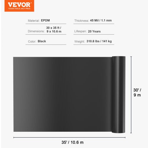VEVOR Teichfolie, Fischfolie, 30 x 35 Fuß, 45 Mil EPDM, leicht zu schneidende Unterlage