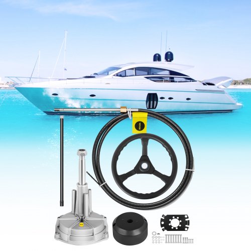 VEVOR Außenbord-Lenksystem-Kit, 14 Fuß Bootssteuerkabel, Standard 3/4 Zoll Konische Welle, 13,5 Zoll Lenkrad, Alu-Marine-Lenksystem, für Yachten, für Yachten, Fischerboote usw.