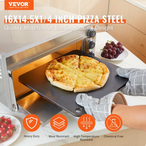 VEVOR Pizzastahl, 16" x 14,5" x 1/4" Pizzastahlplatte für den Ofen, vorgewürzter Pizza-Backstein aus Kohlenstoffstahl mit 20-fach höherer Leitfähigkeit, robuste Pizzapfanne für Außengrill, Innenofen