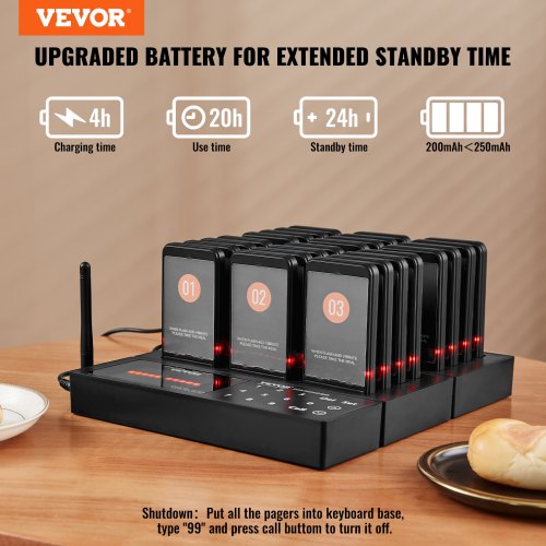 VEVOR Restaurant-Pager-System, Kabelloses Warteschlangensignal mit 400 m Reichweite, Piepser zur Rufannahme von Gästen mit Vibration und Blinken, 24 Pager für Imbisswagen, Kirche