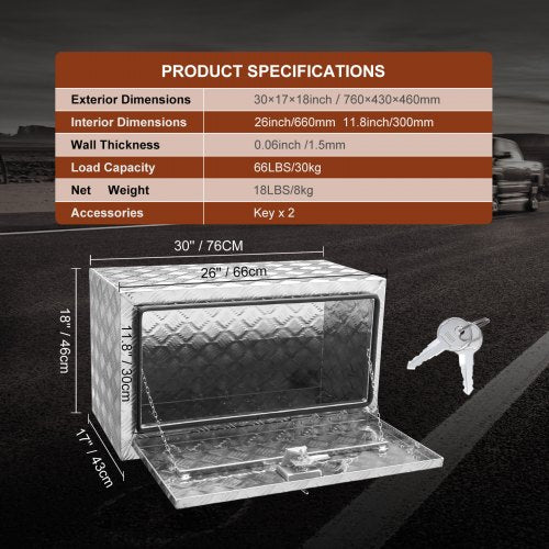 VEVOR Unterboden-Lkw-Box, 760 x 430 x 460 mm Pickup-Aufbewahrungsbox, Aluminium-Werkzeugkasten mit Schloss &amp; Schlüsseln, Wasserdichte Anhänger-Werkzeugkiste für Lkw, Transporter, Anhänger usw. Silber