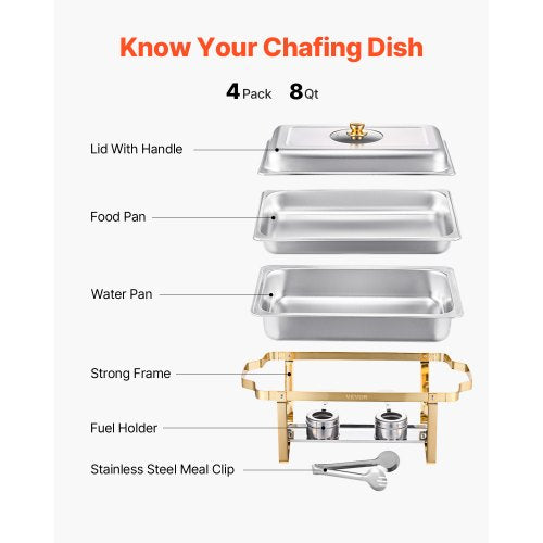VEVOR Chafing Dish Set Speisenwärmer Edelstahl 7,5L 4 Behälter Gold Buffet