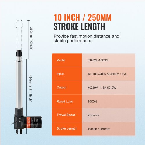 VEVOR 24V Linearaktuator-Kit 10 Zoll 0,98"/s 220lbs/1000N mit IP44-Schutz