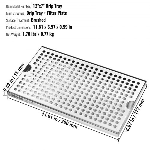 VEVOR 304  Edelstahl-Tropfschale, Bierabtropfschale mit 4 Rutschfesten Gummipads &amp; Abnehmbarer Abdeckung, 300 x 180 x 25 mm Bar-Tropfschale Geeignet für Restaurants, Bars, Küchen, Café usw.