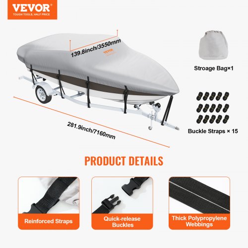VEVOR Bootspersenning Abdeckplane Bootsplane, 609–670 cm Persenning Schlauchboot 600D Oxford-Gewebe Bootspersenning Abdeckung mit Aufbewahrungstasche 435 x 300 mm, Angelboot Bootsabdeckplane Grau