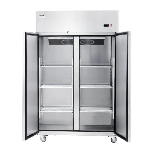 VEVOR Gewerbekühlschrank 1100 L, 2 Türen, Edelstahl-Kühlschrank mit automatischer Abtauung, 6 Ablagen, Temperaturregelung von  -2 bis + 8 °C und 4 Rädern