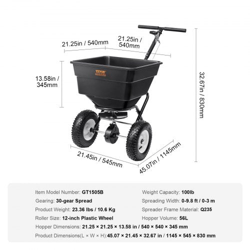 VEVOR Streuwagen 56L Saatgutstreuer 1145x545x830mm Düngerstreuer 0–3m Streubreite Schleuderstreuer 45kg Gewichtskapazität Handstreuer Streuhandwagen Q235-Rahmen Kunststoffrad Salzstreuer