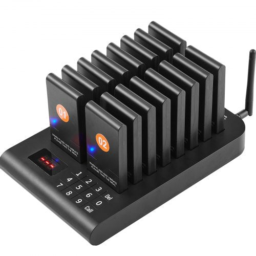 VEVOR Restaurant-Pager-System, kabelloses Warteschlangensignal mit 500 m Reichweite, Piepser zur Rufannahme von Gästen mit Vibration und Blinken, 16 Pager für Imbisswagen, Kirche