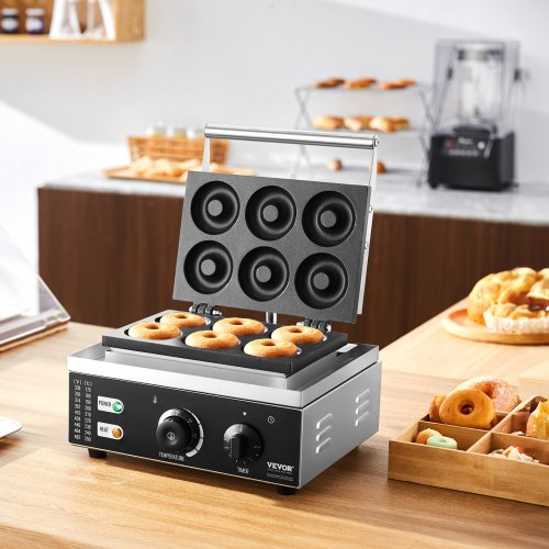 VEVOR Elektrischer Donutmaker, 1550 W Kommerzielle Donutmaschine mit Antihaftbeschichtung, 6 Löcher, Doppelseitige Heizwaffelmaschine für 6 Donuts, 50–300 °C, für Restaurants und den Heimgebrauch
