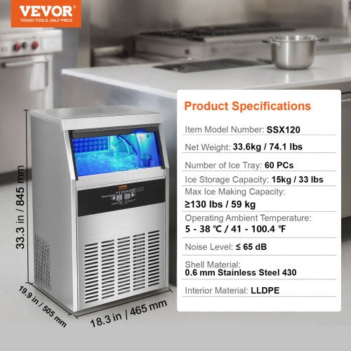 VEVOR Kommerzieller Eiswürfelbereiter Eismaschine 56 kg / 24 h, Leichte Würfeleismaschine 15 kg Eisspeicherkapazität 60 Stk. Eiswürfel, Edelstahl Eiswürfelbereiter inkl. Wasserfilter &amp; Eisschaufel