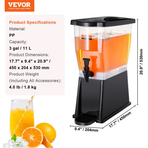 VEVOR Getränkespender, 11 L Wasserspender Getränkespender für Partys, Saftspender aus Kunststoff mit Standhahndeckel, Eistee-Limonadensaft-Wasserspender, für Restaurants, Hotels, Partys usw.