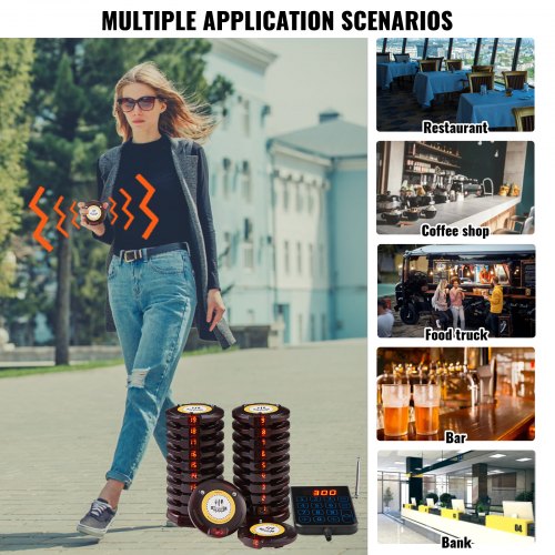 VEVOR Restaurant-Pager-System, Kabelloses Warteschlangensignal mit 500 m Reichweite, Piepser zur Rufannahme von Gästen mit Vibration und Blinken, 20 Pager für Imbisswagen, Kirche