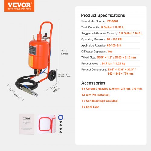 VEVOR Mobiles Sandstrahlgerät 18,92 L Sandstrahlanlage 243,84 cm ArbeitsschlauchSandstrahler 60–110 PSI Arbeitsdruck ideal zum Entfernen von Rost, Farbe, Flecken und das Polieren großer Flächen