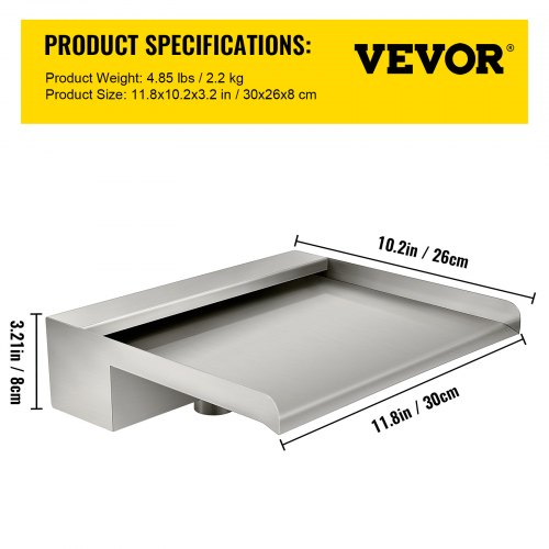 VEVOR Wasserfall Schwalldusche Pool aus Edelstahl Wasserfall Fontäne 30 x 26 x 8 cm Schwallbrause 37 mm Wassereinlass Schwalldusche