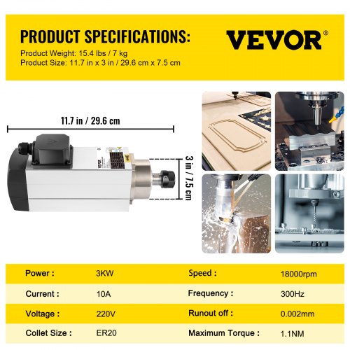 VEVOR Spindelmotor CNC Spindelmotor Luftgekühlte 3 kW, Luftkühlung Spindelmotor 220 V Luftgekühlter Motor für CNC Spannzangenfutter 18000 U/min Luftgekühlter Spindelmotor Windgekühlt