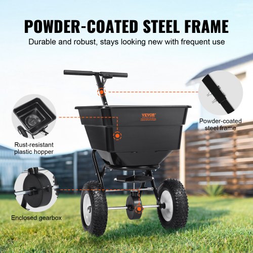VEVOR Streuwagen 56L Saatgutstreuer 1145x545x830mm Düngerstreuer 0–3m Streubreite Schleuderstreuer 45kg Gewichtskapazität Handstreuer Streuhandwagen Q235-Rahmen Kunststoffrad Salzstreuer