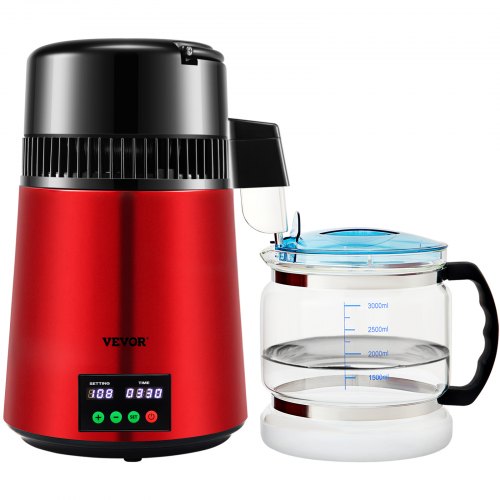VEVOR Wasser Destillierer 1L / H Haushalt Rotes Wasserdestilliergerät Destilliertes Wasser herstellen 750 W, Doppelter Bildschirm Edelstahl Distilleranlage mit Glaskanne Reinwasser destilieren