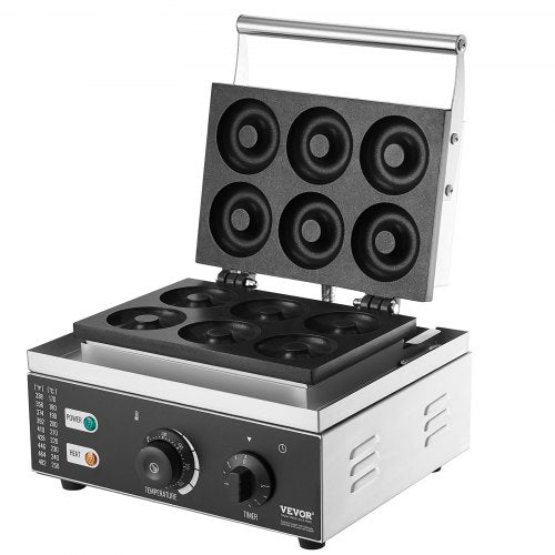 VEVOR Elektrischer Donutmaker, 1550 W Kommerzielle Donutmaschine mit Antihaftbeschichtung, 6 Löcher, Doppelseitige Heizwaffelmaschine für 6 Donuts, 50–300 °C, für Restaurants und den Heimgebrauch