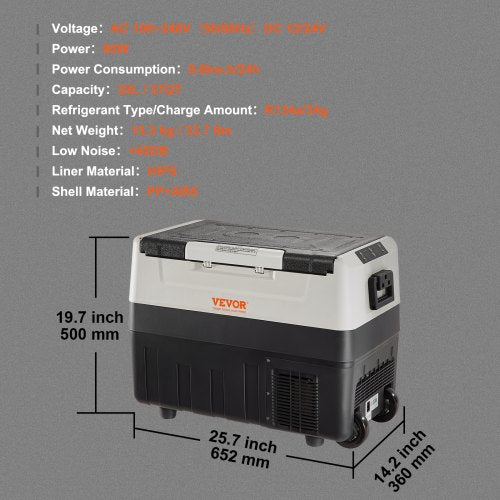 VEVOR Camping Kühlschrank 35 L Kühlboxen 12 / 24 V Rollbare Elektrische Gefrierbox 2 in 1 Doppelzone Auto Kühlschrank Kompressor zum Warmhalten und