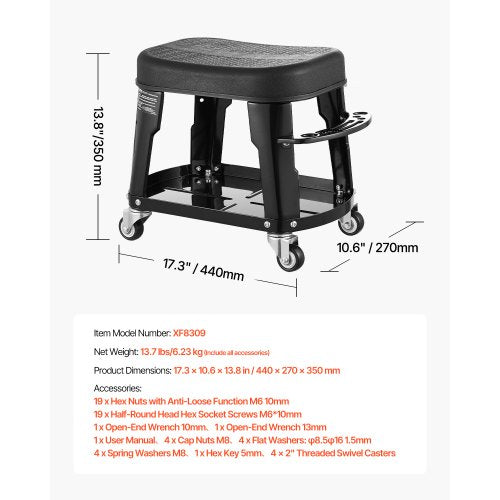 VEVOR Mechanikerhocker Rollbare Werkstattsitz 136kg mit Werkzeugablage Drehbar