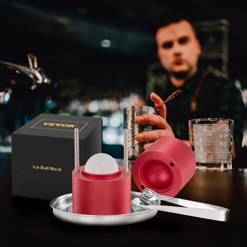 VEVOR Eiswürfelbereiter Eiswürfelformen Satz 60 mm, Eiswürfelform Eiskugelform mit Eiszange &amp; Tropfschale, Alu Rote Strapazierfähige Eiswürfelformen Eiswürfelbehälter Whisky Americano, Saft &amp; Milch