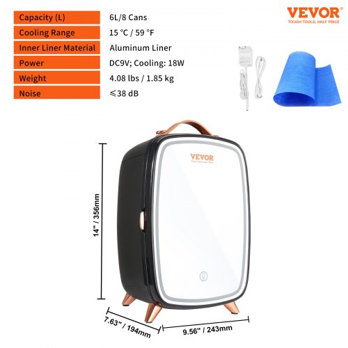 VEVOR Tragbarer Gespiegelter 6 L Schönheitskühlschrank mit LED-Beleuchtung, Schwarz 9 V DC Minikühlschrank Make-up, 8 Dosen 3 LED Spiegel Licht Modus, Klein Skincare Fridge für Büro, Schlafzimmer usw.