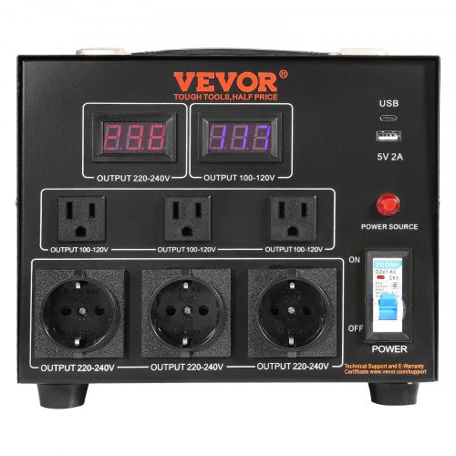 VEVOR 3000VA Spannungswandler Transformator AC 110V⇋220V Transformer Wandler 3 US NEMA 5-15R 3-polige Ausgangssteckdosen, 3 europäische Shucko-Ausgangssteckdosen, 1 USB-Buchse und 1 Typ-C-Buchse