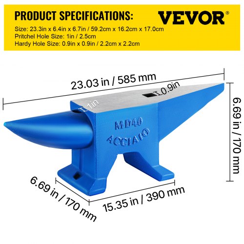VEVOR Einzelhorn-Amboss Stahlamboss 39 kg, Schmiedestahlwerkzeuge Amboss mit rundem &amp; quadratischem Loch, robuster Schmied, Juweliere, langlebiges &amp; robustes Metallbearbeitungswerkzeug Blau