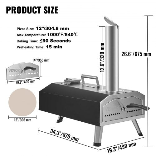VEVOR Tragbarer Pizzaofen Outdoor 304,8 mm, Gas Holzpellets Holzkohle Pizzaofen, Edelstahl Pizzaofen, Max. 540 ℃ Holzpelletsschaufel &amp; Pizzastein &amp; Tragetasche –  Premium Pizza Holzofen für Garten