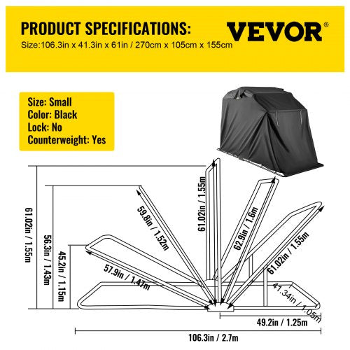 VEVOR Motorradgarage 270 x 105 x 155cm, Motorrad Garage 50, Schutzplane XL Farbe Schwarz NEU