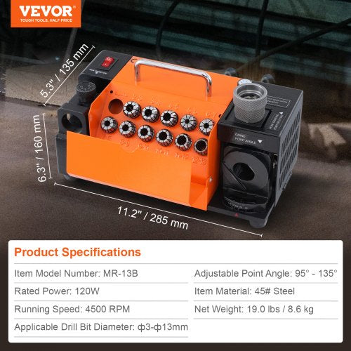VEVOR Bohrerschleifgerät 120 W Bohrerschleifmaschine 4500 U/min Schärfstation 45# Stahl Bohrerschärfgerät 95-135° Einstellbarer Spitzenwinkel 11 Spannzangen Geeignet für Bohrerdurchmesser φ3–13 mm