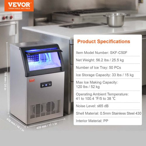 VEVOR Kommerzieller Eiswürfelbereiter Eismaschine 52 kg / 24 h, Leichte Würfeleismaschine 15 kg Eisspeicherkapazität 50 Stk. Eiswürfel, Edelstahl Eiswürfelbereiter inkl. Wasserfilter &amp; Eisschaufel