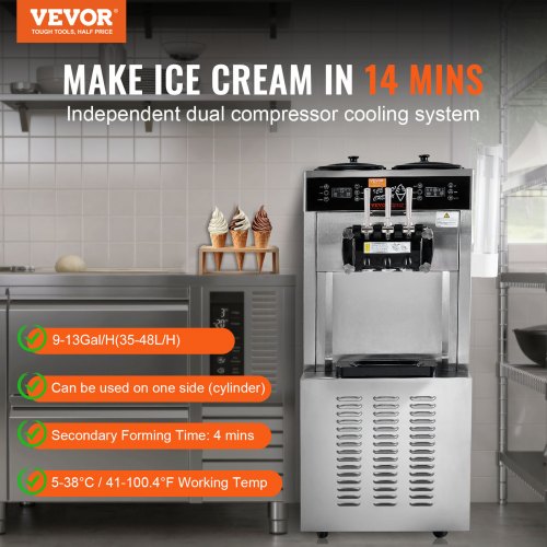 VEVOR Kommerzielle Eismaschine, 34–44 L/h Leistung, 1850 W, Freistehende Softeismaschine mit 3 Geschmacksrichtungen, 2 x 9 L Edelstahlbehälter, LED-Panel Einzelzylindernutzung &amp; Kühlung über Nacht