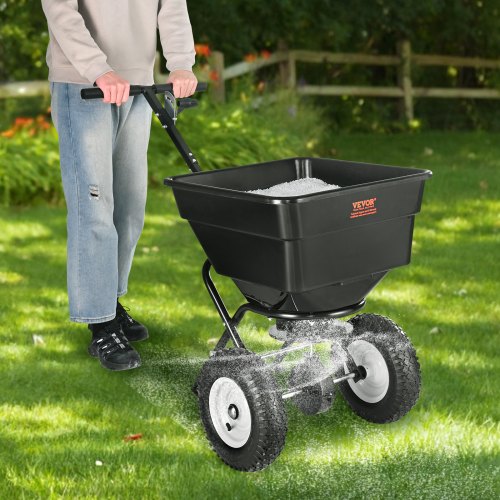 VEVOR Streuwagen 56L Saatgutstreuer 1145x545x830mm Düngerstreuer 0–3m Streubreite Schleuderstreuer 45kg Gewichtskapazität Handstreuer Streuhandwagen Q235-Rahmen Kunststoffrad Salzstreuer