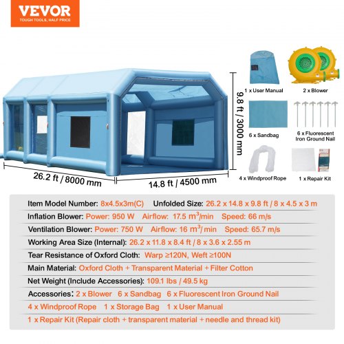 VEVOR Aufblasbare Lackierkabine, 8 x 4,5 x 3 m Aufblasbare Spritzkabine, mit 950 W + 750 W leistungsstarken Gebläsen und Luftfiltersystem, Tragbare Auto-Lackierkabine für Motorräder, mittelgroße SUVs