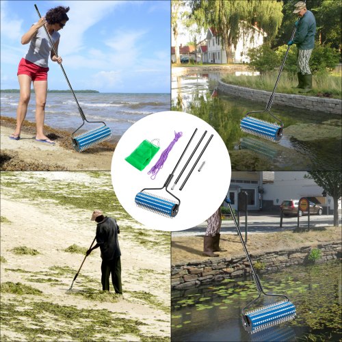 VEVOR Rasenrechen 365x60x15 cm, Rasenharke Alu-Stange PVC-Kopf mit Klingen aus rostfreiem Stahl, Rasenwalze mit 15 m Seil &amp; Netz, Rasenroller zum Entfernen von Unkraut Algen &amp; anderen Wasserpflanzen