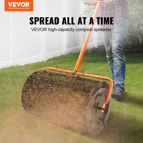 VEVOR Kompoststreuer aus Stahl Torfmoosstreuer 1,27x2cm Mesh-Korb Garten Rasen Streuer Grifflänge von 62 bis 67,5cm verstellbar 61cm Metall Mesh Korb Ideal für Dünger wie Kompost Mist Erde Torfmoos
