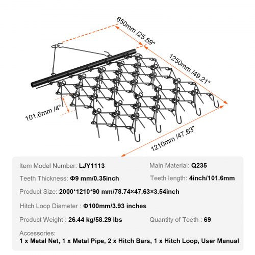 VEVOR Traktor Wiesenegge 2000 x 1210 mm Wiesenschleppe aus 4 mm dickem Q235-Stahl Feldegge mit 69x 10 cm langen Zinken Egge 100 mm Durchmesser der Anhängerkupplung Stahlkettenegge Rasenschleppe