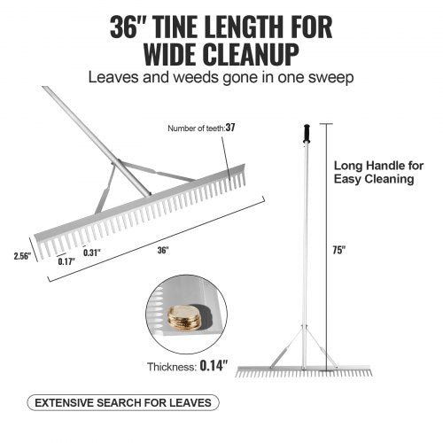 VEVOR Landschaftsrechen, 36-Zoll-Kopf, Aluminium-Landschaftsrechen, 75 Zoll, verstellbarer Griff