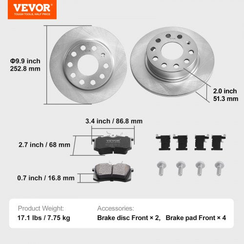 VEVOR Bremsensatz Hinterachse Bremsscheiben Bremsbeläge Ersatzsatz 253x51,3mm