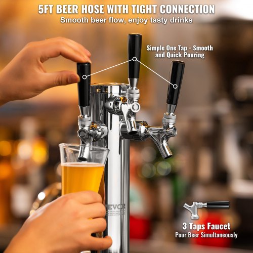 VEVOR Bierzapfturm mit 3 Zapfhähnen, Bierfassturm aus Edelstahl, Kegerator-Turm-Kit mit Vormontierten Schläuchen &amp; selbstschließenden Zapfhähnen für Partys, Bars, Pubs und Restaurants