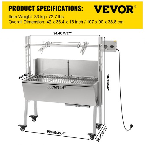 VEVOR BBQ Spießgrill Tisch Spießbratengrill mit Grillmotor für Hähnchen Lamm, Rind oder Rollbraten, mit höhenverstellbarer Spieß für bis zu 60 kg Grillgut, Grillfläche Holzkohlegrill: ca. 88 x 44 cm