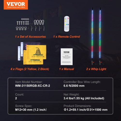 VEVOR LED Whip Light 2PCS 5FT RGB Spiral Antenna Light Remote App ATV UTV RZR