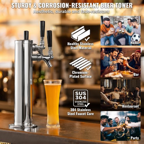 VEVOR Bierzapfturm mit 3 Zapfhähnen, Bierfassturm aus Edelstahl, Kegerator-Turm-Kit mit Vormontierten Schläuchen &amp; selbstschließenden Zapfhähnen für Partys, Bars, Pubs und Restaurants