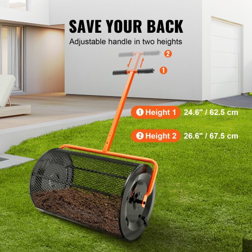 VEVOR Kompoststreuer aus Stahl Torfmoosstreuer 1,27x2cm Mesh-Korb Garten Rasen Streuer Grifflänge von 62 bis 67,5cm verstellbar 61cm Metall Mesh Korb Ideal für Dünger wie Kompost Mist Erde Torfmoos