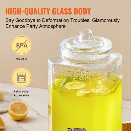 VEVOR Getränkespender, 1,5 Gallonen Getränkespender für Partys, Saftspender aus Glas mit Ständer, Zapfhahn aus Edelstahl, Eistee-Limonadensaft-Wasserspender, für Restaurants, Hotels, Partys