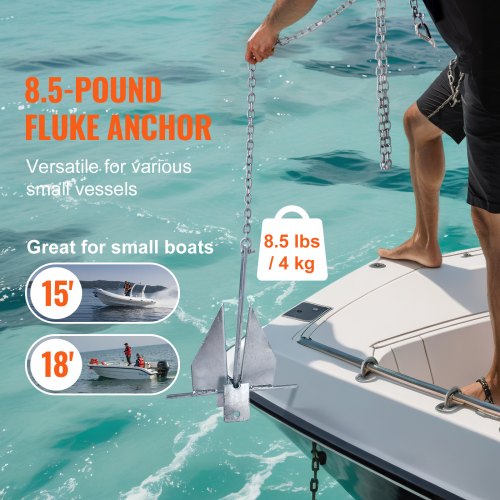 VEVOR Fluke-Ankerset Feuerverzinkter Fluke-Anker 4 kg aus Stahl mit 2,4 m Kette, 22,86 m Seil und zwei 9 mm Schäkeln, Bootsanker für kleine Schiffe unter 5,49 m, Meere, Flüsse und Küsten