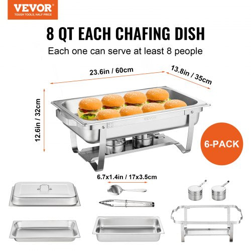 VEVOR 6-teiliges Chafing Dish Profi Set Wärmebehälter Edelstahl Buffet Set Rechteckig 6 x 7,5 L, Speisewärmer 53 x 32,5 x 6,5 cm Jeder Behälter, für Buffets, Familienfeiern, Bankette, Hochzeiten usw.