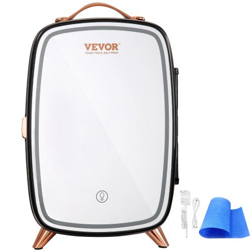 VEVOR Tragbarer Gespiegelter 6 L Schönheitskühlschrank mit LED-Beleuchtung, Schwarz 9 V DC Minikühlschrank Make-up, 8 Dosen 3 LED Spiegel Licht Modus, Klein Skincare Fridge für Büro, Schlafzimmer usw.